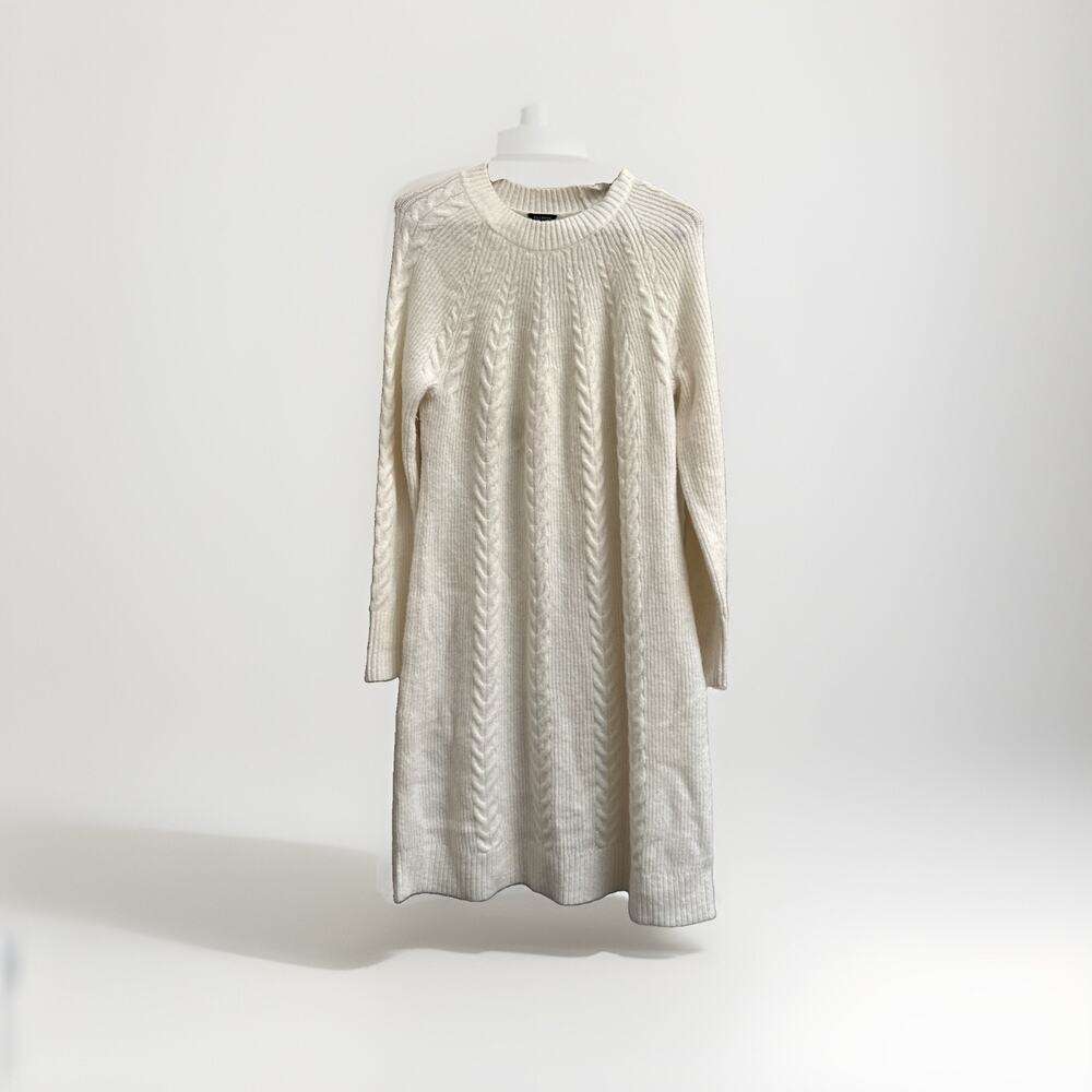 Talbots Cable Knit Shift Sweater Dress Size Large Ivory Long Sleeve‎ Wool Blend